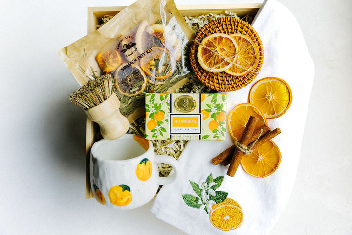Luxury A Hint of Orange Gift Box with mug, embroidered towel, soap, coasters, and simmer pot kit in wooden keepsake box