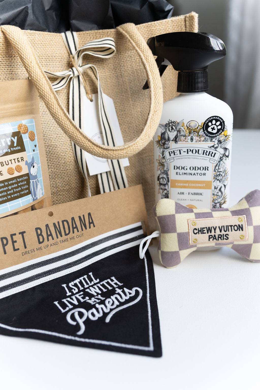 Close-up of small/mini Chewy Vuiton bone, Pet-pourri spray, and bandana for dogs, part of the Basic Doggy Bag gift set