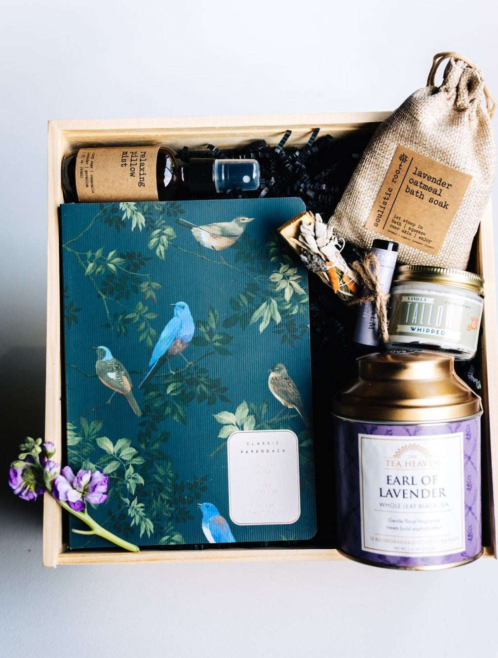 Luxury Lavender Dusk Relaxation Gift Box with tea, lavender bath soak, pillow spray, journal, and whipped tallow moisturizer beautifully arranged in wooden keepsake box