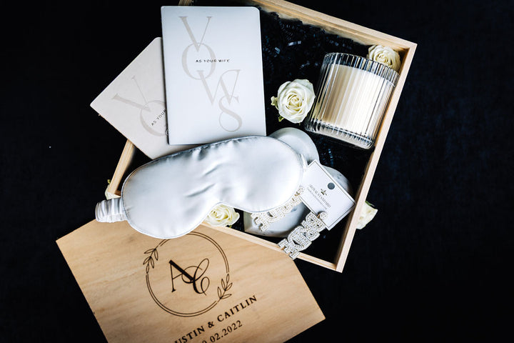 Bride-to-be gift set in wooden box with personalized engraving