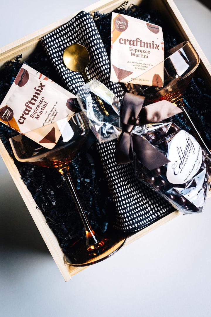 Golden Hour Gift Box with amber coupe glasses, espresso martini mix, chocolate espresso beans, and gold bar spoon