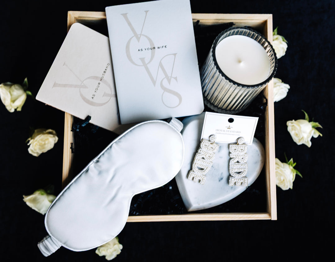 Bridal Bliss Gift Box with vow books, pearl earrings, candle, silk eye mask, and trinket dish