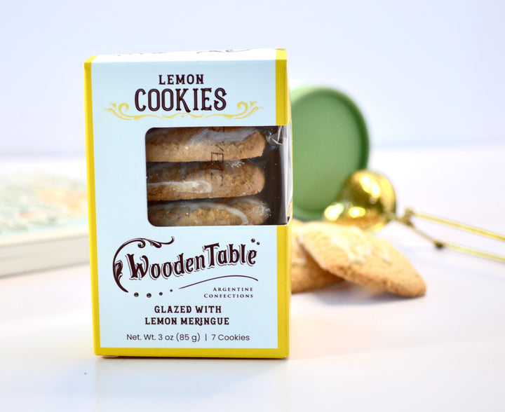 Wooden Table lemon meringue cookies in yellow box, part of Steeped in Stillness tea and relaxation gift set