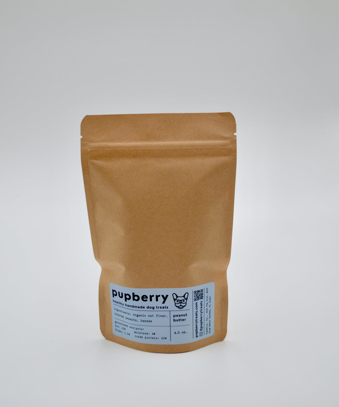 Back of packaging of Pupberry dog treats, showing ingredients.