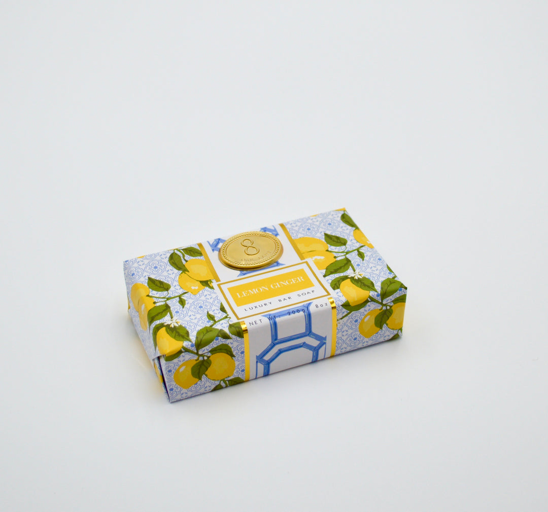 detail shot of lemon ginger soap in luxury packaging