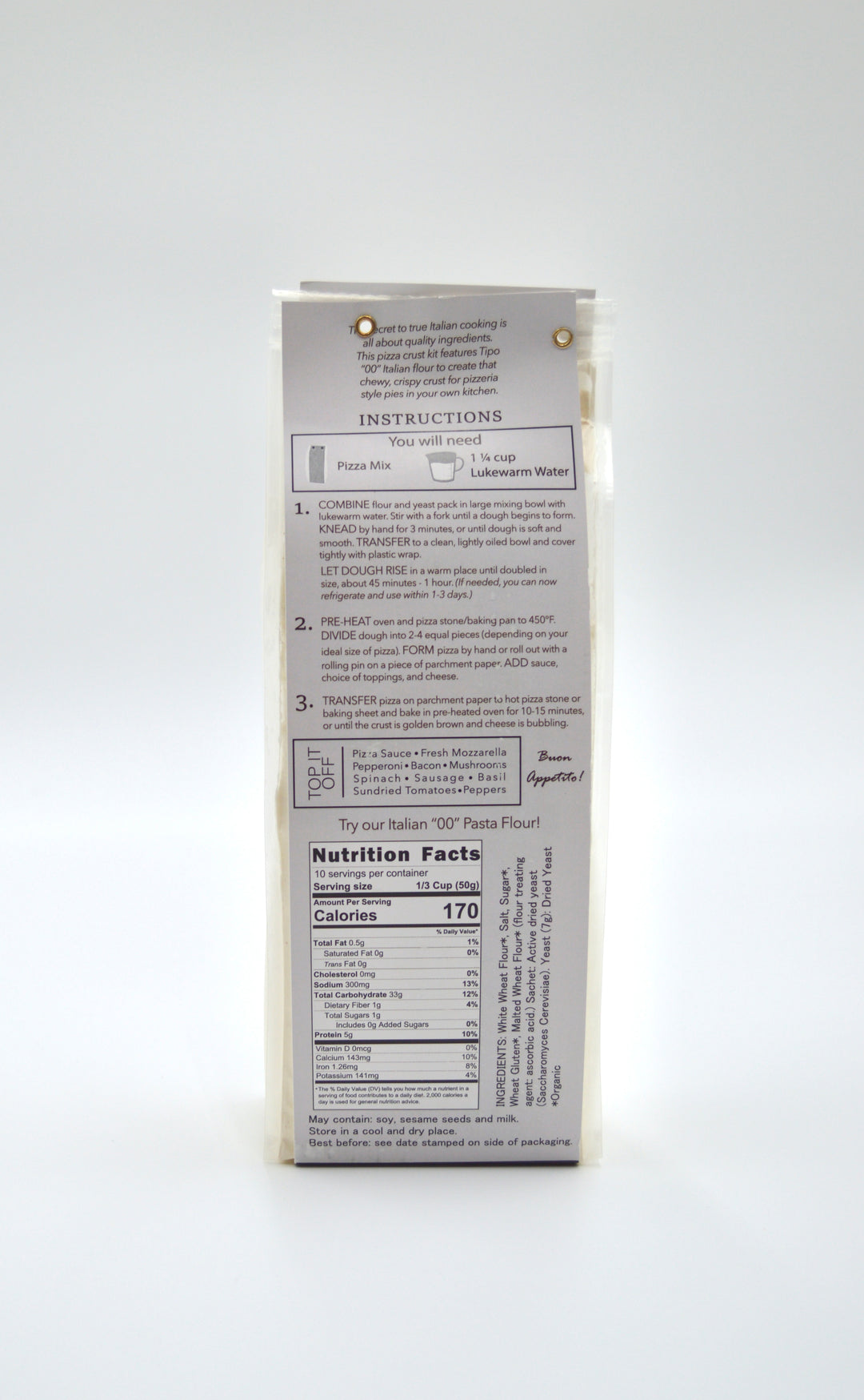 Back view of Italian pizza crust kit package – showing cooking instructions, nutrition facts, and ingredients list for authentic Italian pizza dough mix
