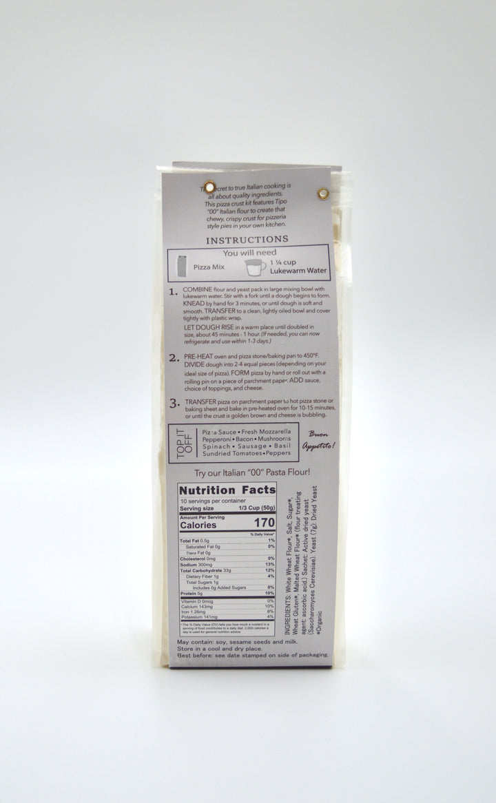 Back view of Italian pizza crust kit package – showing cooking instructions, nutrition facts, and ingredients list for authentic Italian pizza dough mix