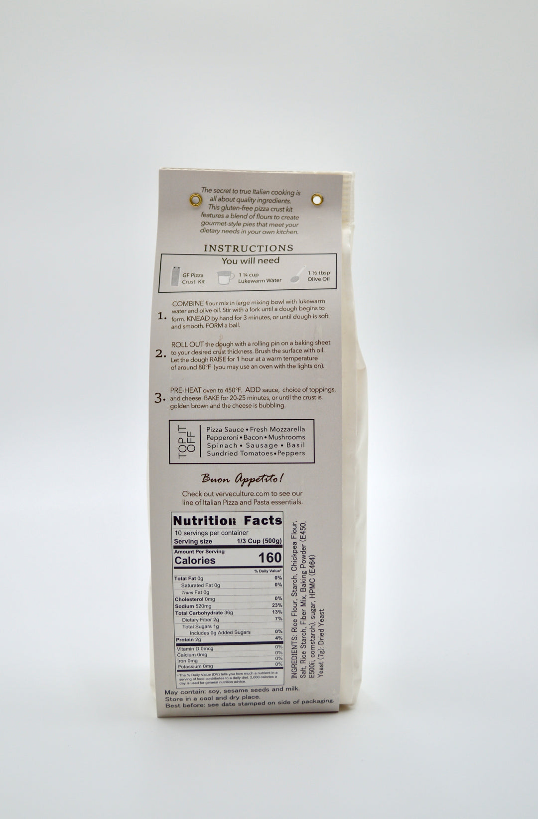 Instructions and nutrition facts for Italian gluten-free pizza crust kit included in gift box