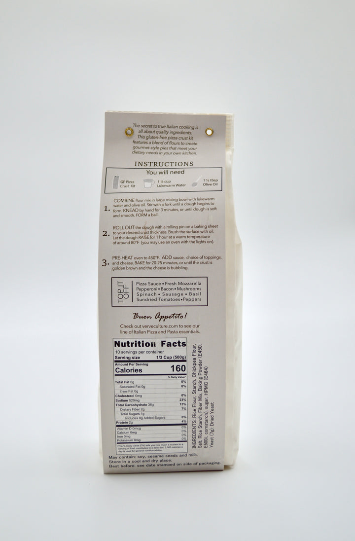 Instructions and nutrition facts for Italian gluten-free pizza crust kit included in gift box