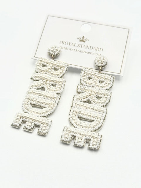Pair of white pearl beaded "Bride" earrings for the Bridal Bliss gift box