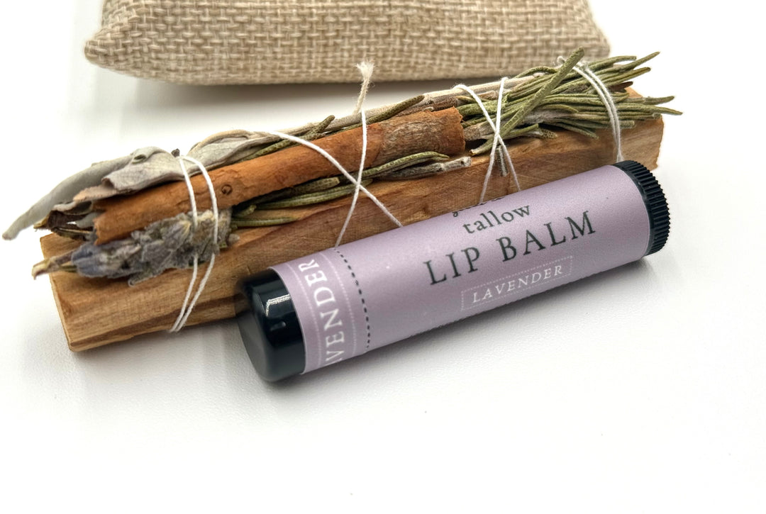 Lavender tallow lip balm paired with mini sage bundle for a calming, grounding ritual