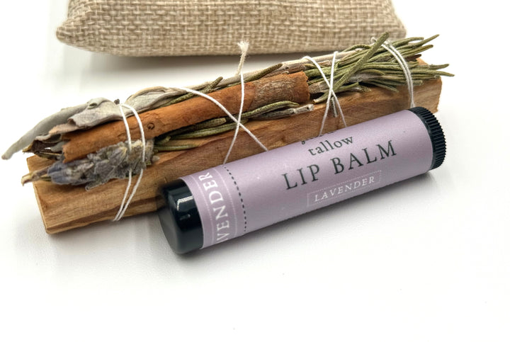 Lavender tallow lip balm paired with mini sage bundle for a calming, grounding ritual