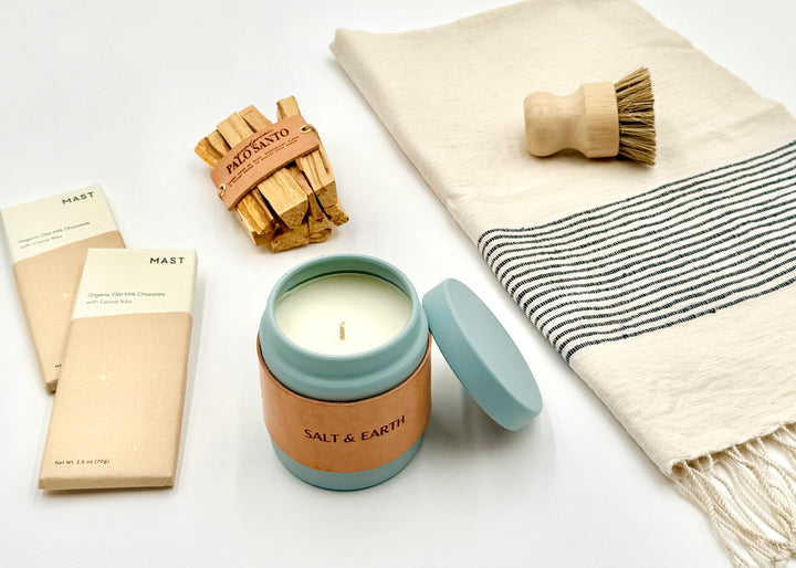 Top-down view of Salt & Earth Gift Box with artisan products