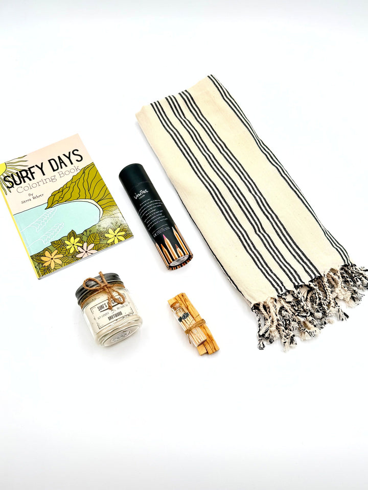 Flat lay of all products included in Surfside Sketch creative coastal-inspired gift set
