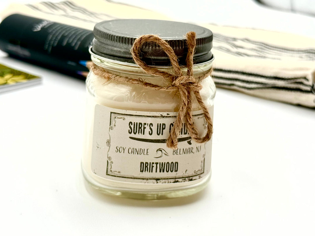 Surf's Up Candle Driftwood scent in mason jar with twine bow – coastal soy candle, rustic beach home décor, located in Surfside Sketch gift box