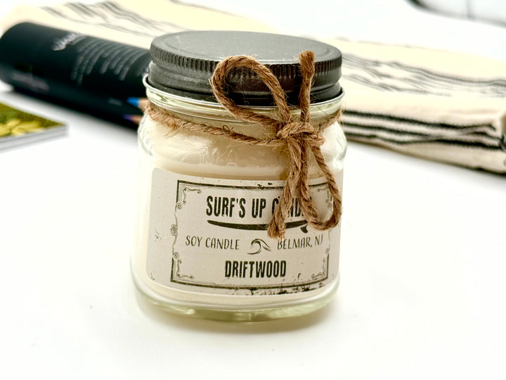 Surf's Up Candle Driftwood scent in mason jar with twine bow – coastal soy candle, rustic beach home décor, located in Surfside Sketch gift box