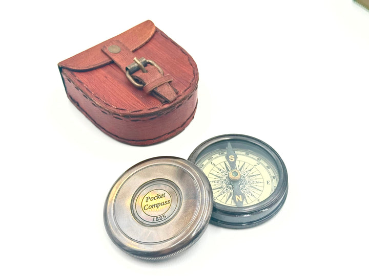 Vintage-style brass compass with leather case for Adventure Awaits retirement and travel gift box