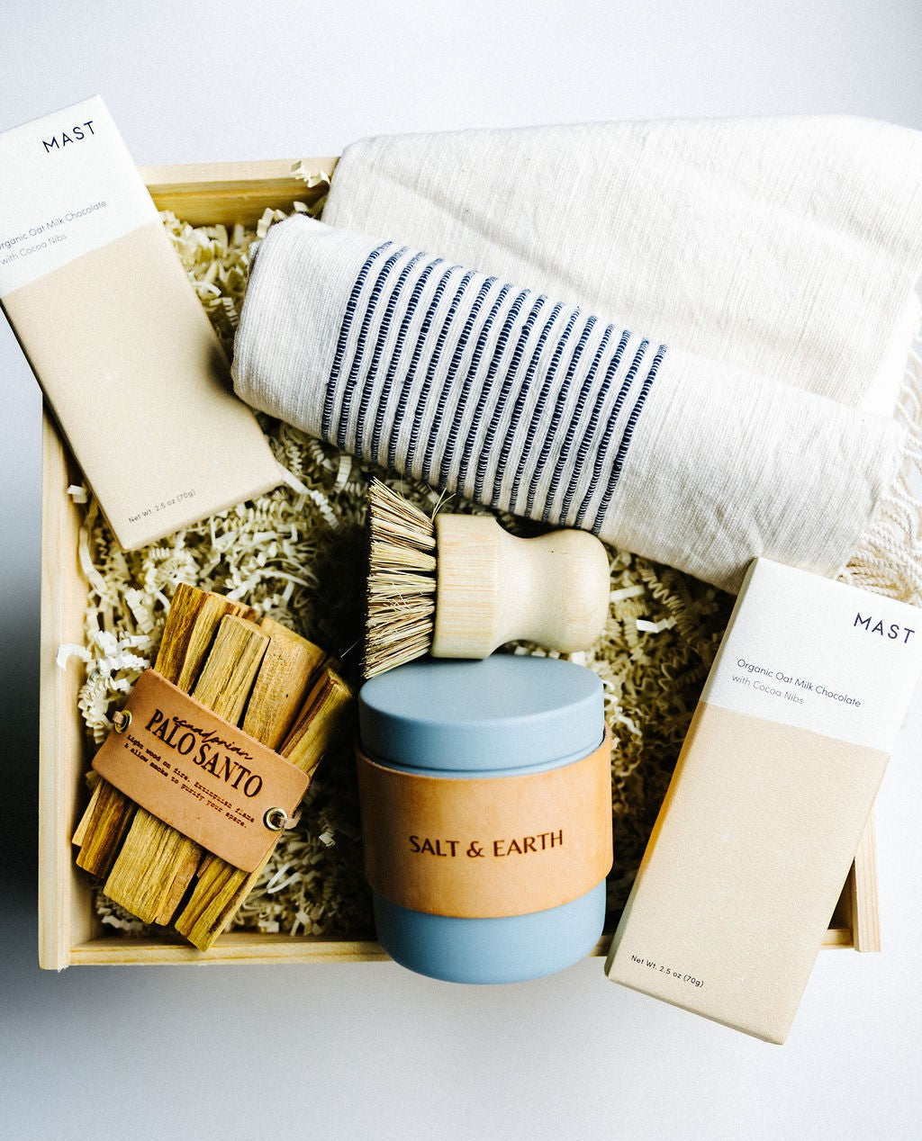 Wooden keepsake gift box with Salt & Earth candle and sustainable home goods