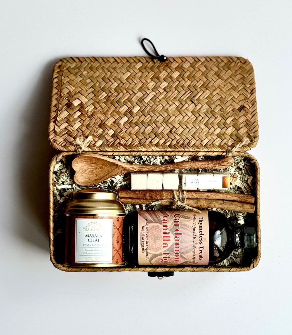 cozy tea gift box with chai tea and vanilla syrup