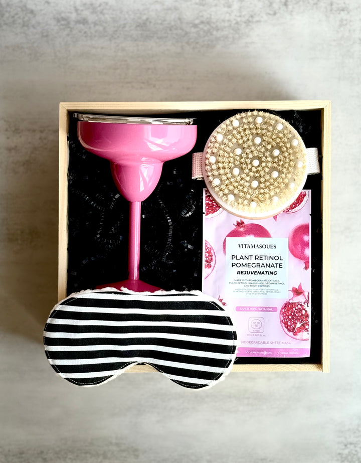 luxury pink gift box with margarita glass and self care items